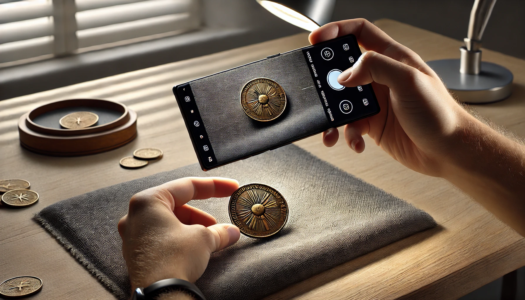 A modern coin photography setup, where a rare bronze coin is placed on a textured gray fabric background with a smartphone hovering above.