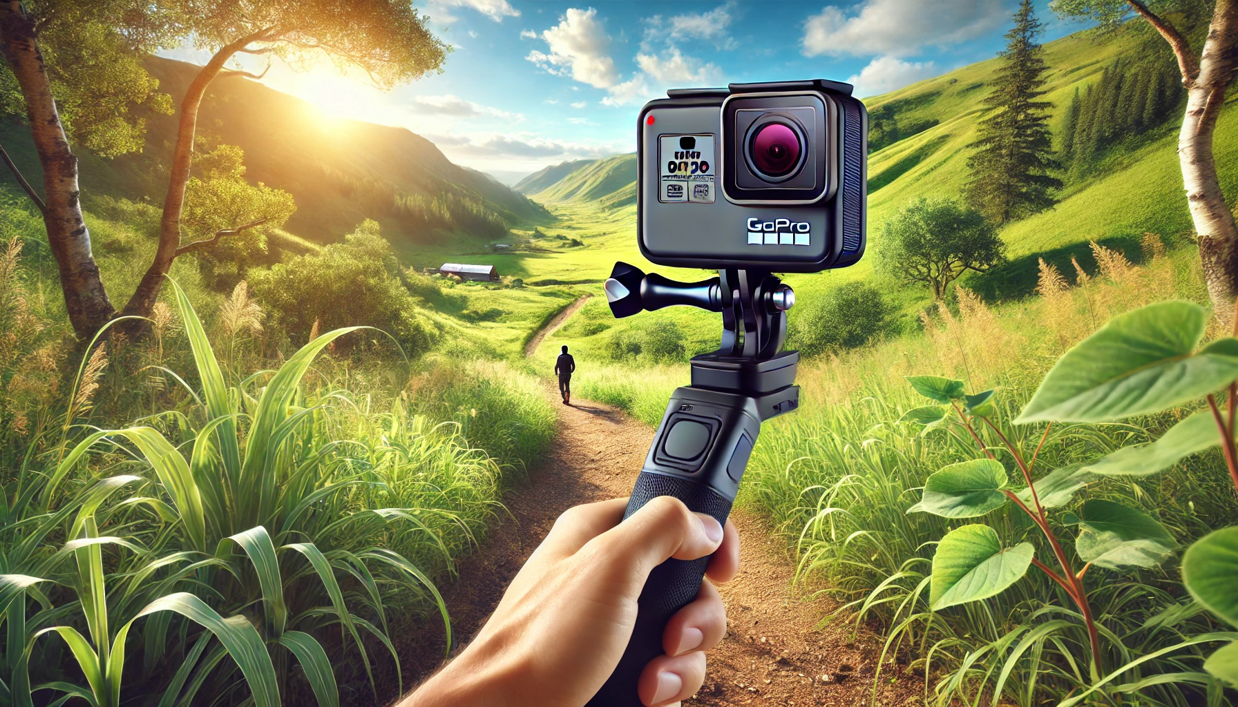 a videographer outdoors using a GoPro Hero10 Black mounted on a compact handheld stabilizer. 