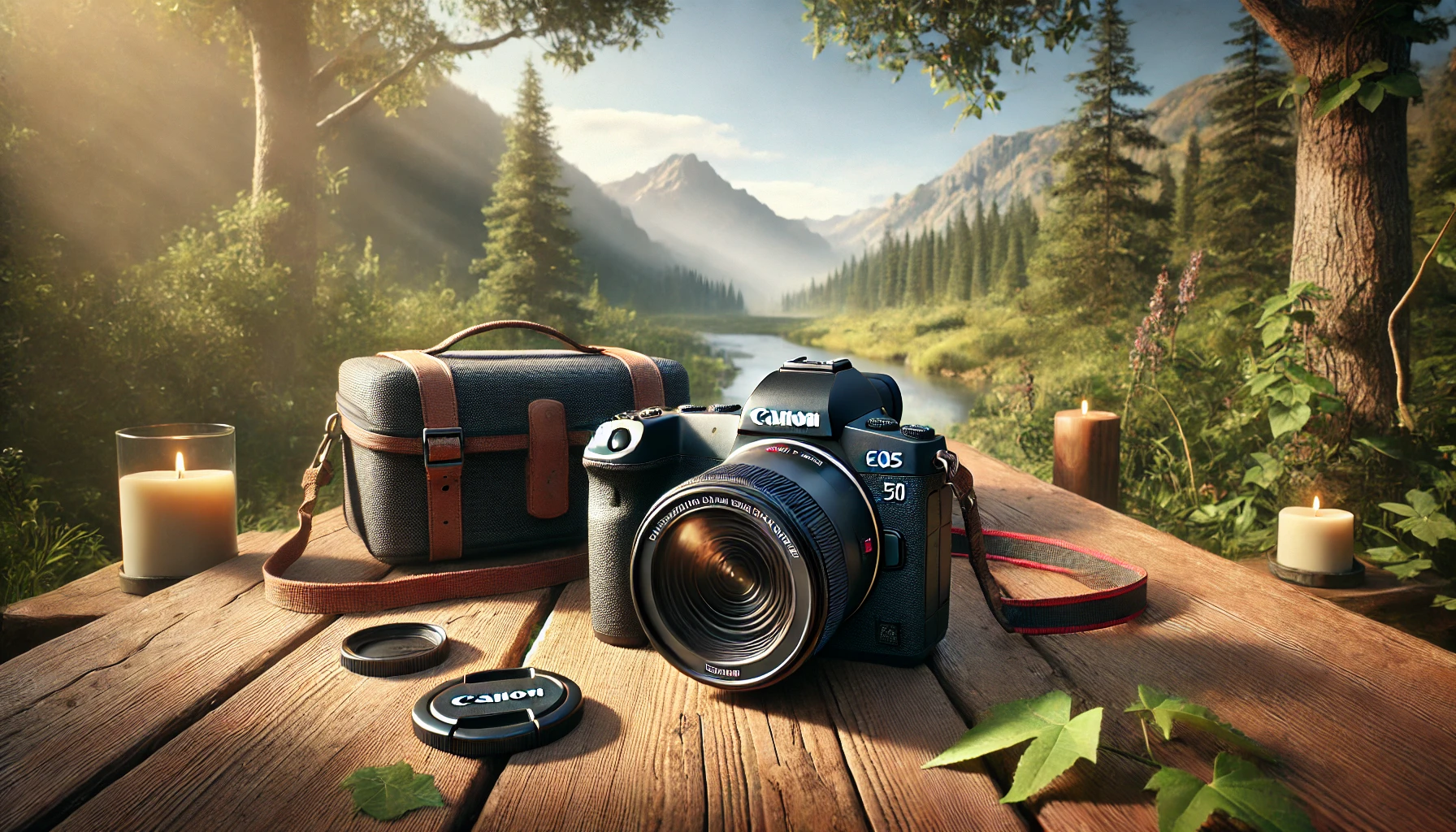 a Canon EOS R50 camera in an outdoor setting, placed on a rustic wooden bench surrounded by natural elements like greenery, a scenic backdrop of mountains, and soft sunlight filtering through trees.