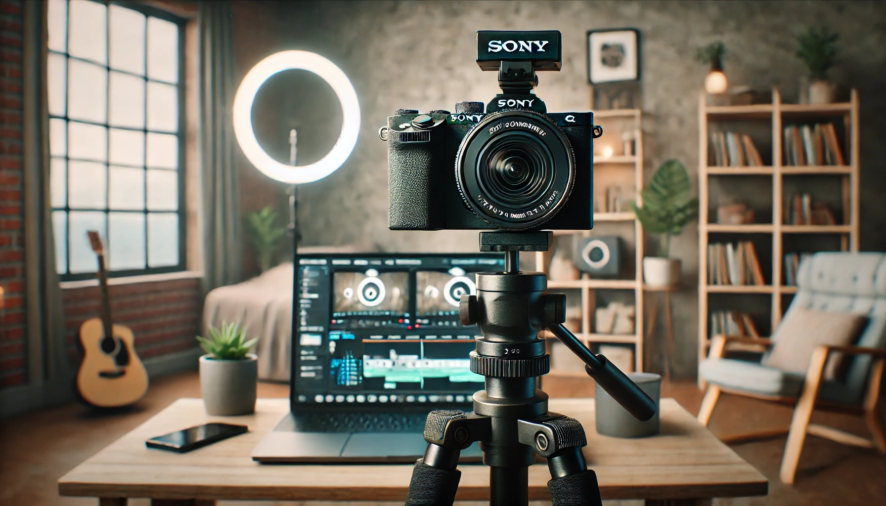 a vlogger's setup, showcasing a Sony ZV-1 Mark II camera mounted on a lightweight tripod.