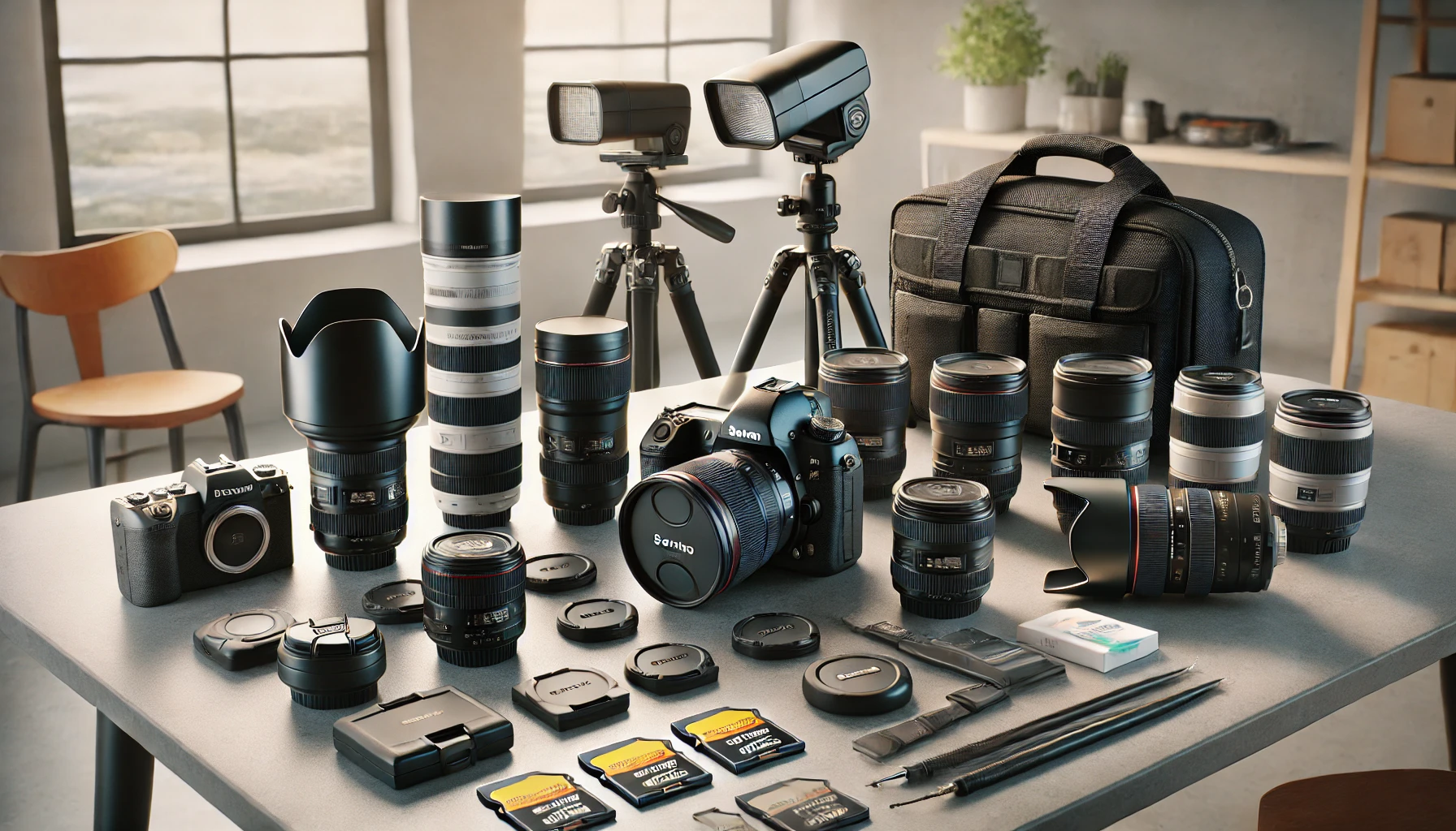 photography gear spread out on a table. The setup includes a full-frame DSLR camera, several lenses (prime and zoom), a tripod, a flash unit, memory cards, a lens cleaning kit, and a camera bag.