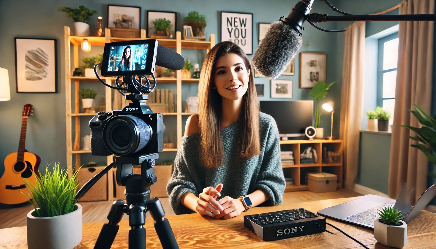 a vlogger using a high-quality video camera like the Sony ZV-E1, filming indoors in a well-lit, modern home studio setup.