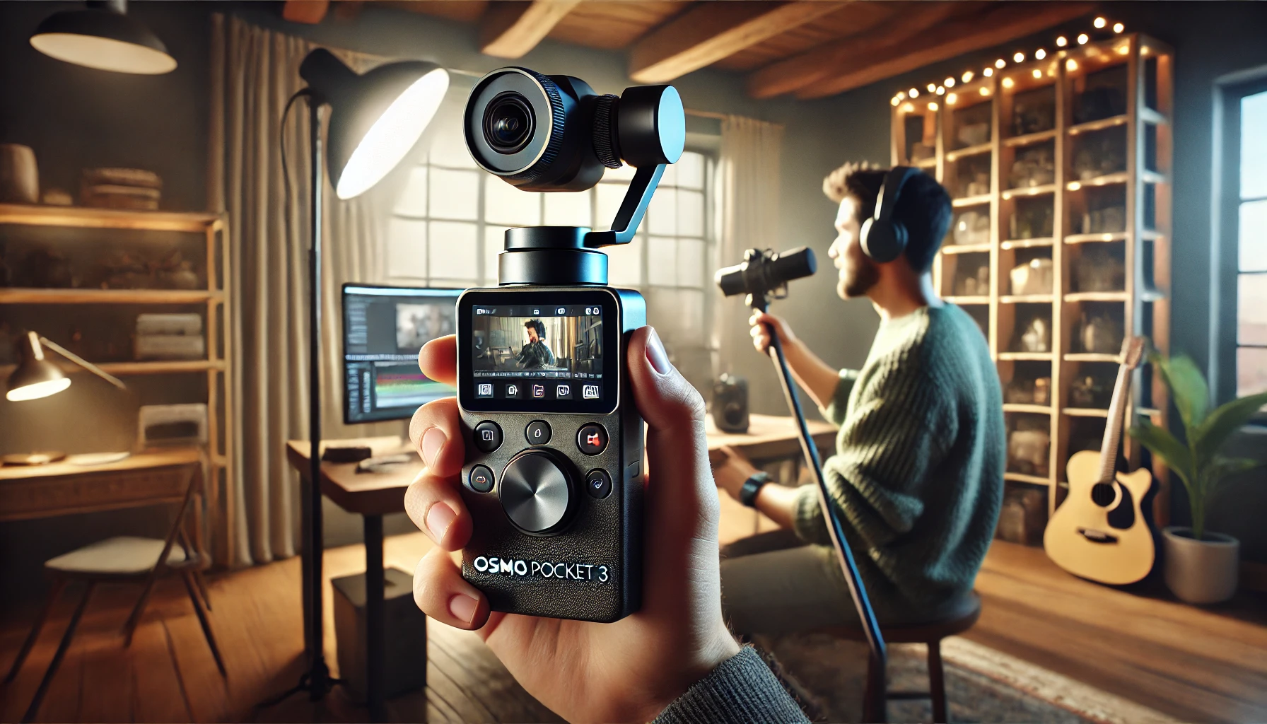 a vlogger using the DJI Osmo Pocket 3 in a cozy indoor setting.