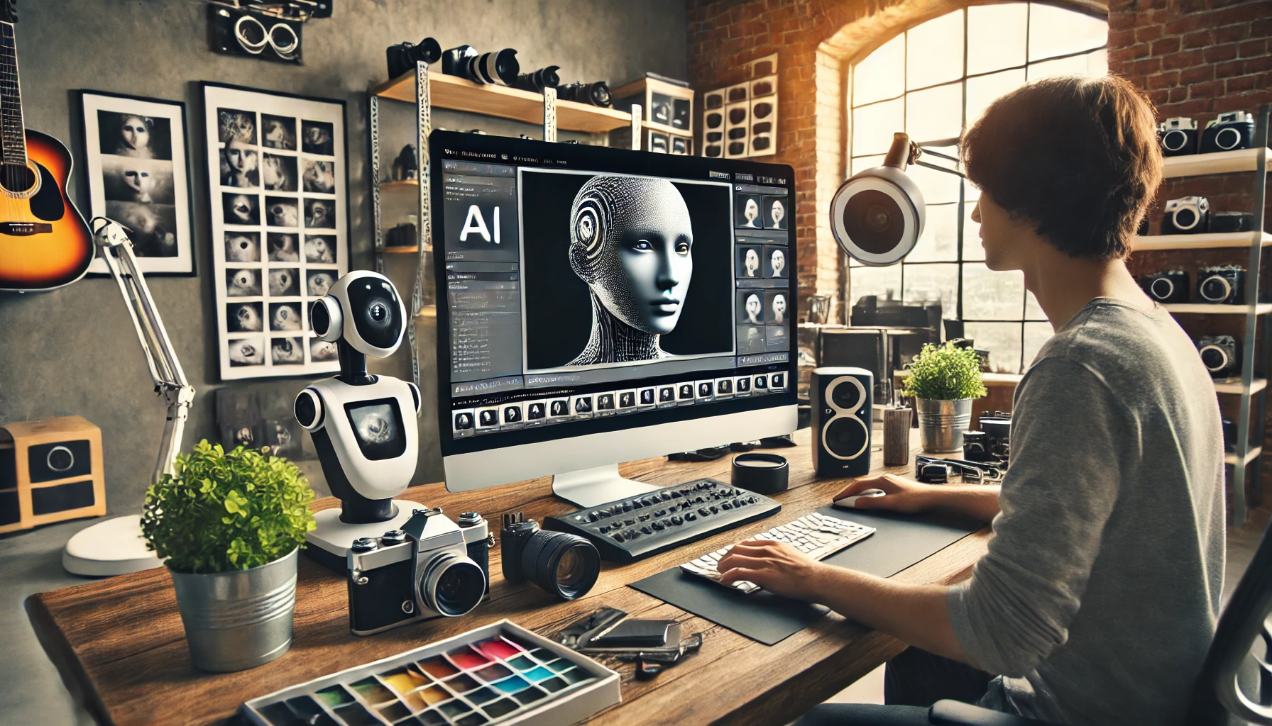 a modern photography studio where an artist is using AI tools to enhance photos. The setup includes a powerful computer with multiple monitors showcasing photo editing software with AI features like facial recognition and style transfer. The studio is filled with various cameras, lenses, and photo accessories, demonstrating the integration of AI technology and creativity in photo processing.