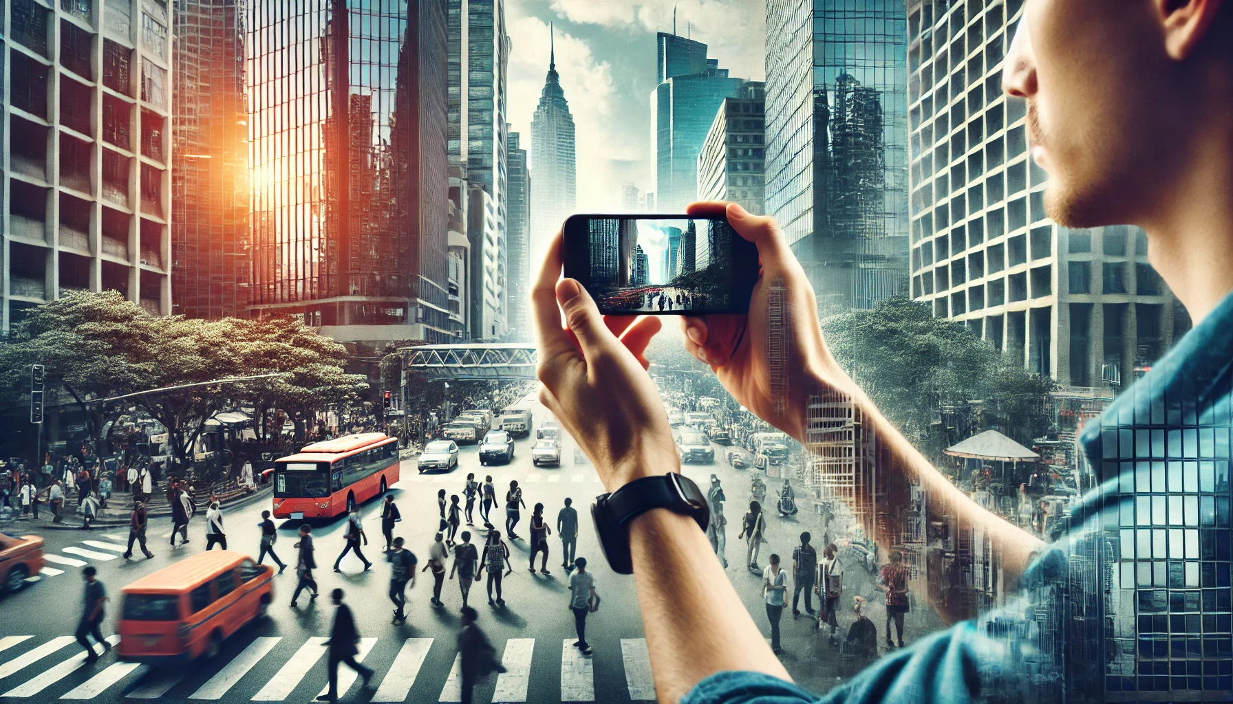 an urban photographer capturing a bustling city street using a smartphone. The scene illustrates the advantages of portability and spontaneity of smartphone photography.