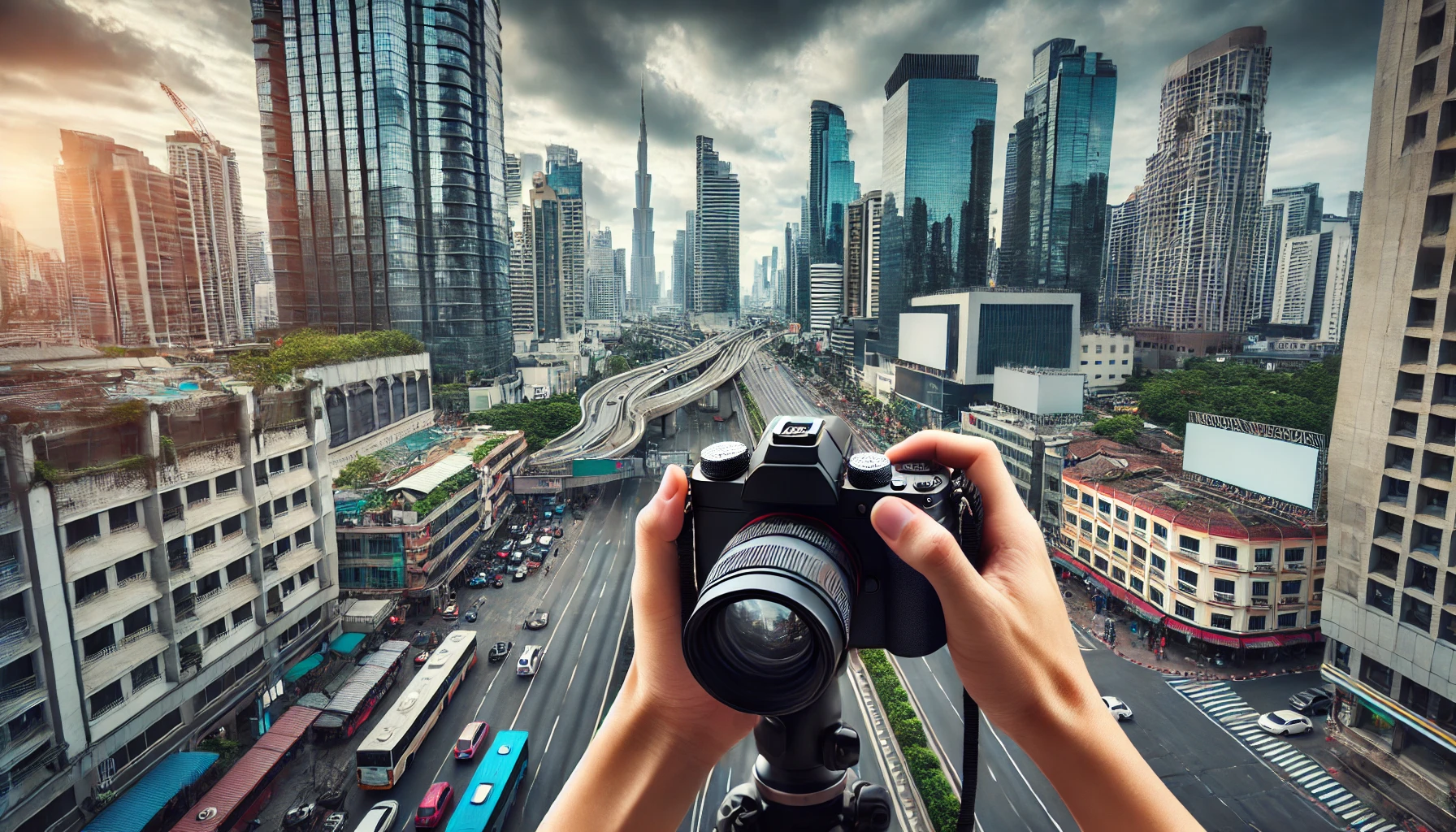 a professional photographer taking a high-resolution photo of an urban landscape with a DSLR camera, highlighting the advantages of image quality and creative control with a traditional camera.