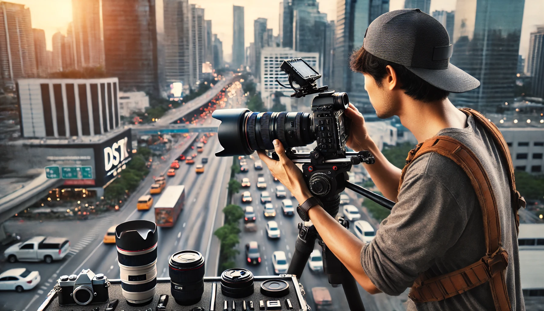 a professional videographer using a high-quality DSLR camera with interchangeable lenses to capture an urban landscape, with various urban elements in the background.