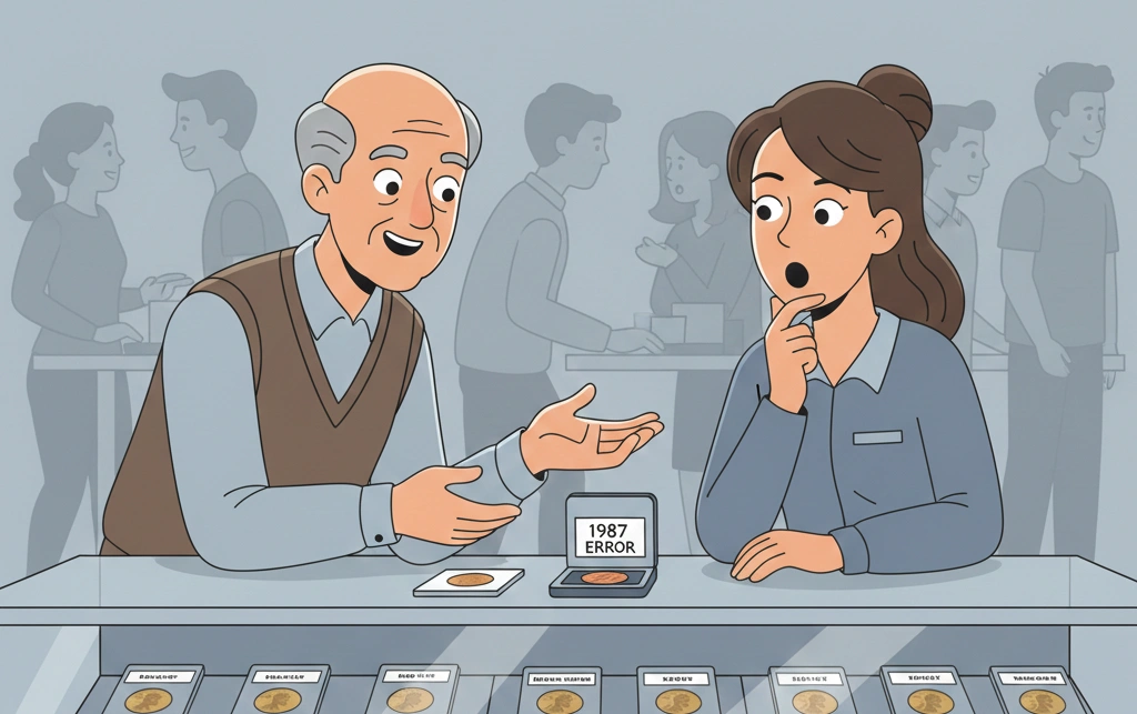 A coin dealer negotiating the price of a rare 1987 penny error with a customer at a coin show